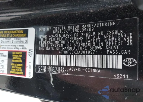 2010 Toyota Camry Le из США, поврежденный, VIN 4T1BF3EKXAU048971